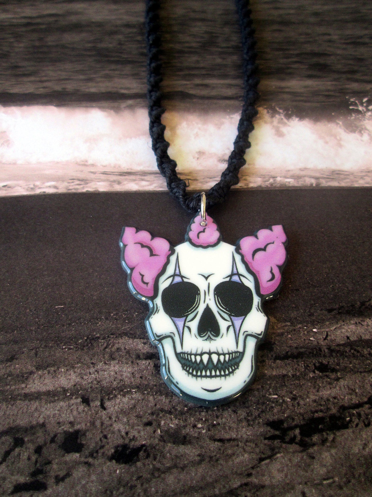 Twisted Creepy Clown Skull Necklace, Handmade Black Hemp Halloween Jewelry