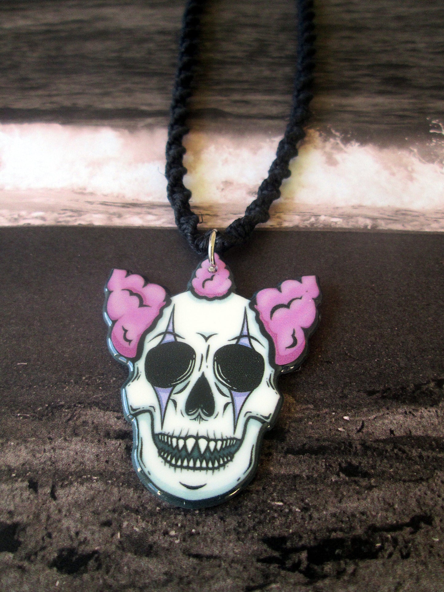 Twisted Creepy Clown Skull Necklace, Handmade Black Hemp Halloween Jewelry