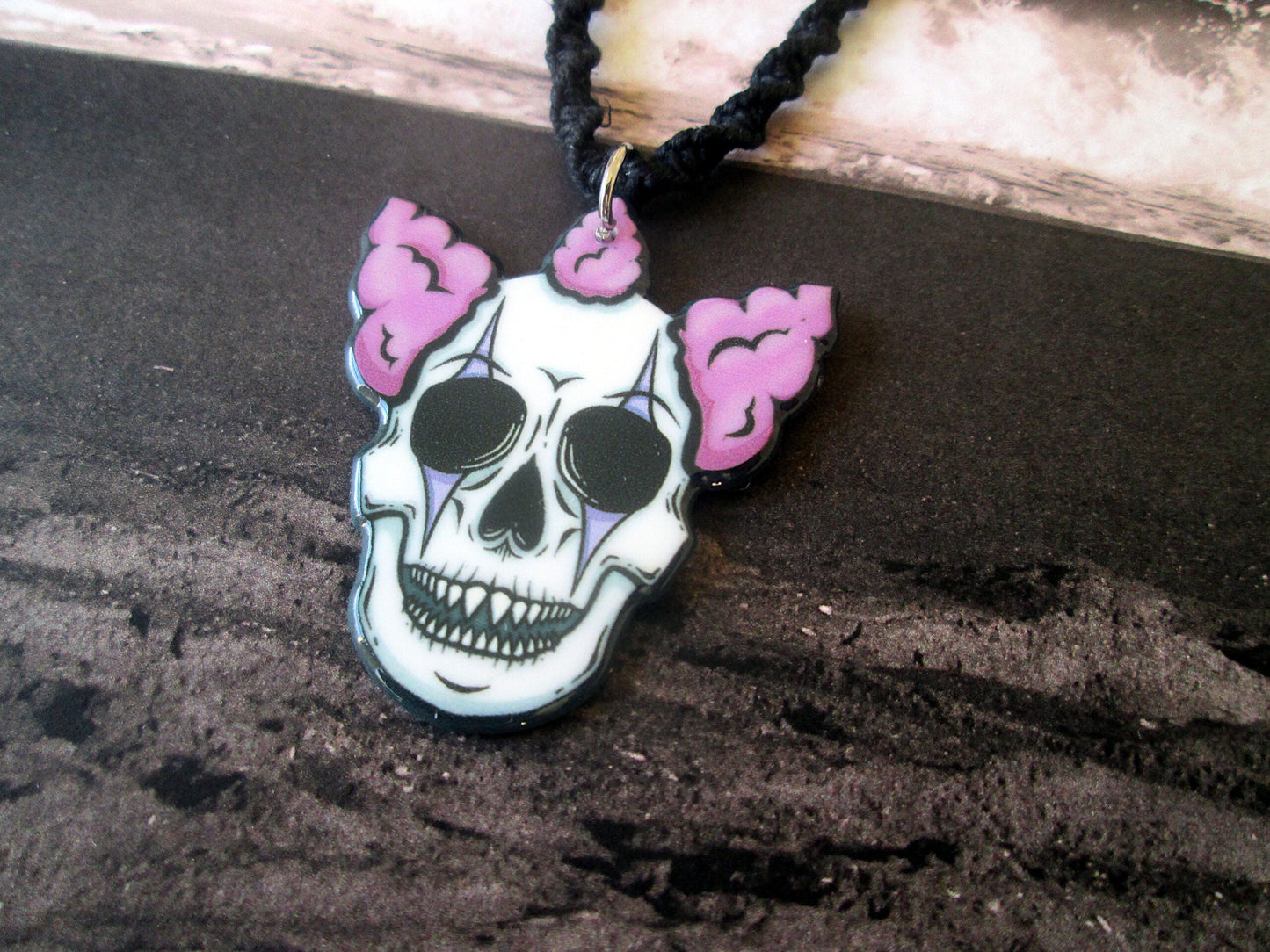 Twisted Creepy Clown Skull Necklace, Handmade Black Hemp Halloween Jewelry