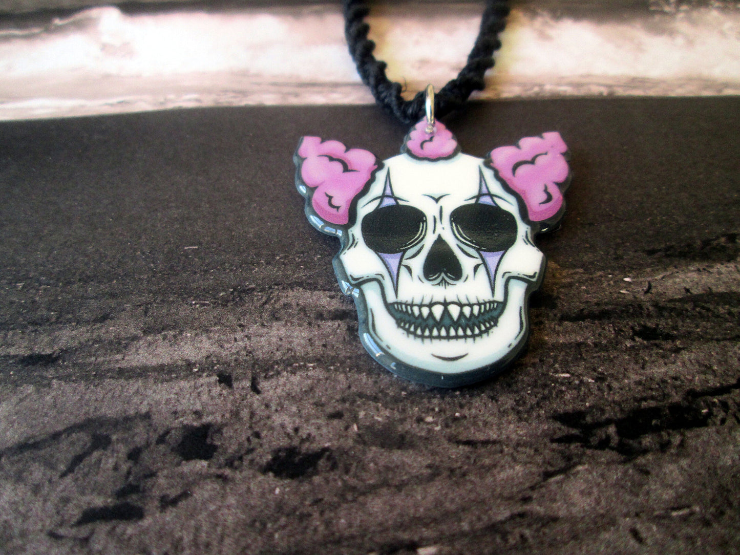 Twisted Creepy Clown Skull Necklace, Handmade Black Hemp Halloween Jewelry