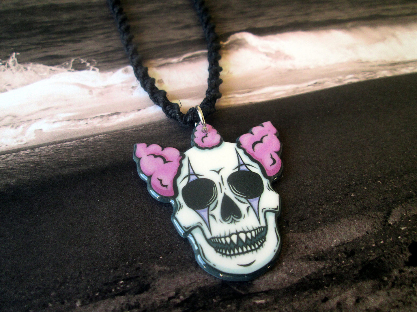 Twisted Creepy Clown Skull Necklace, Handmade Black Hemp Halloween Jewelry