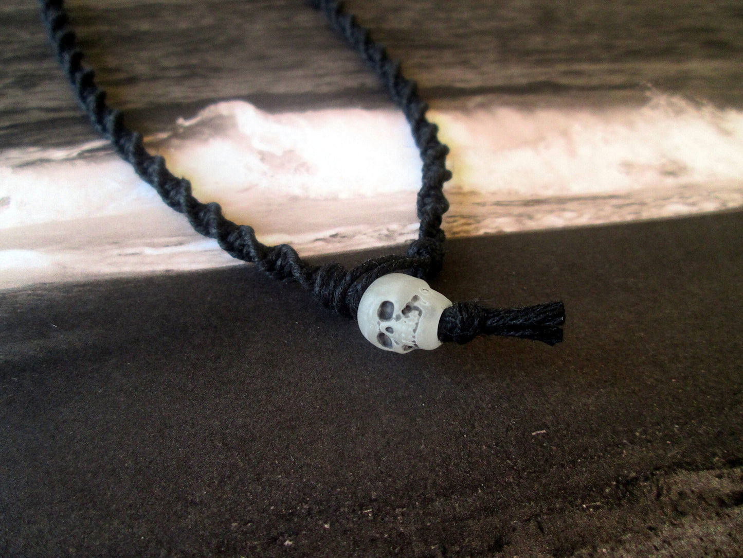 Twisted Creepy Clown Skull Necklace, Handmade Black Hemp Halloween Jewelry